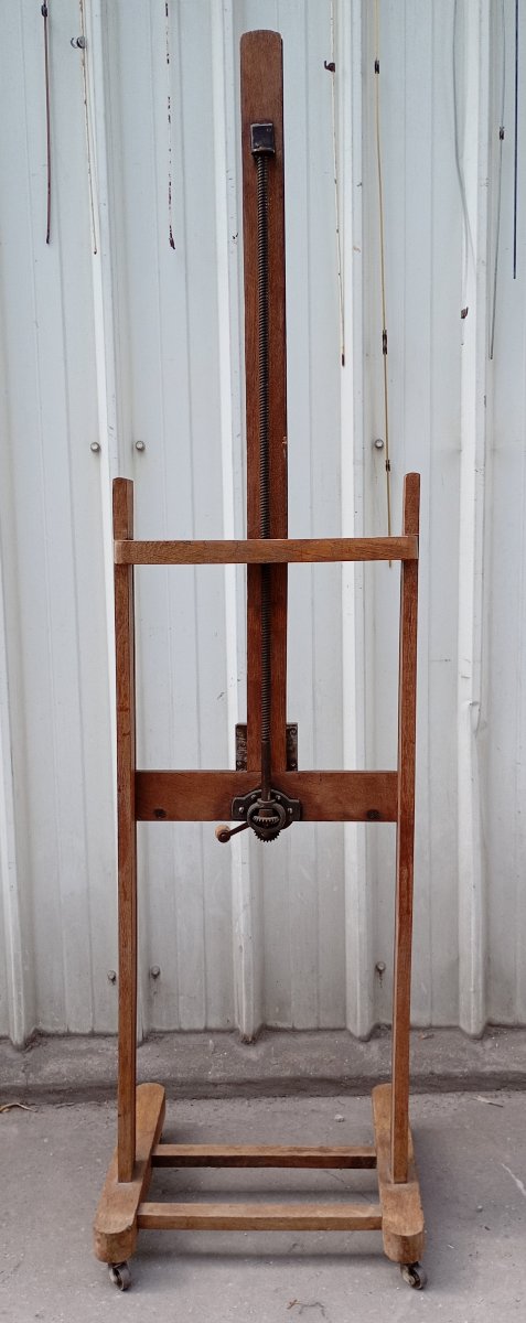 Antique Oak Easel With Screws And A Crank Handle-photo-1