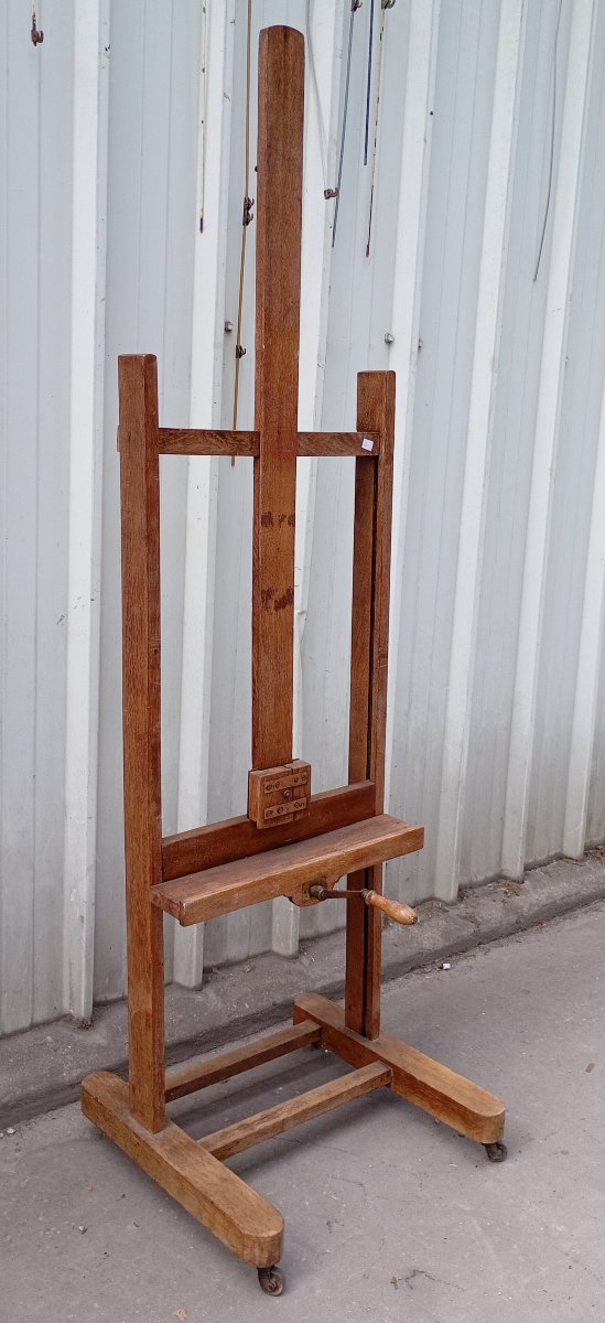 Antique Oak Easel With Screws And A Crank Handle