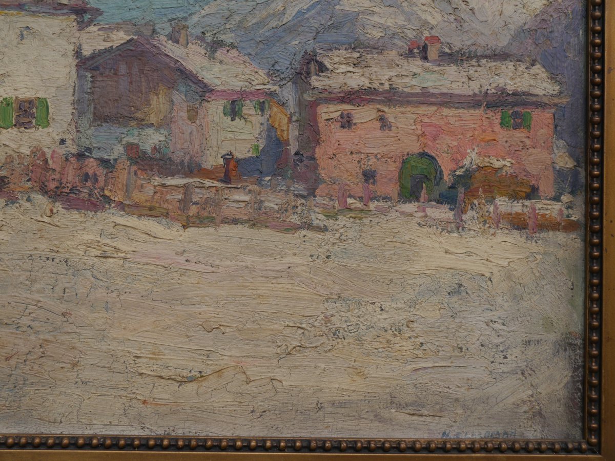 Harry B. LACHMAN (1886-1974). Village de montagne enneigé, Suisse ?-photo-2