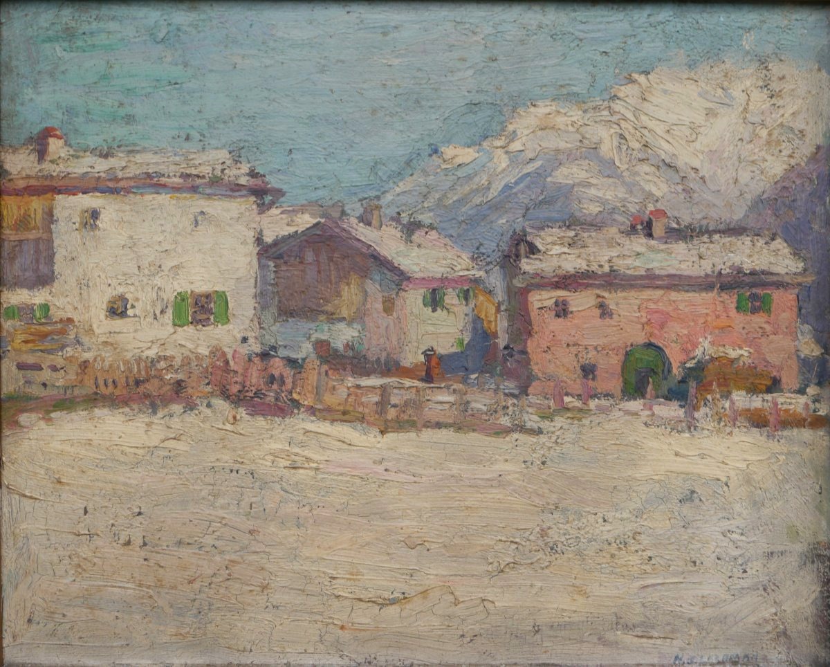 Harry B. LACHMAN (1886-1974). Village de montagne enneigé, Suisse ?