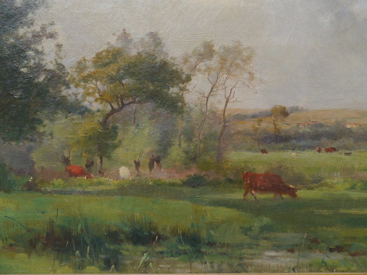 Pierre Emmanuel Damoye (1847–1916). Lively Landscape, Cows.-photo-6