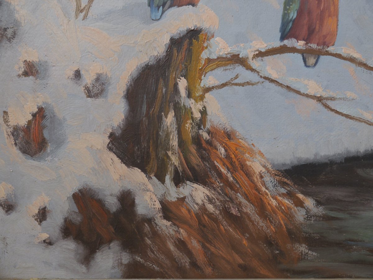 Les martin-pécheurs dans la neige. Ecole XXè signée, grand tableau-photo-3
