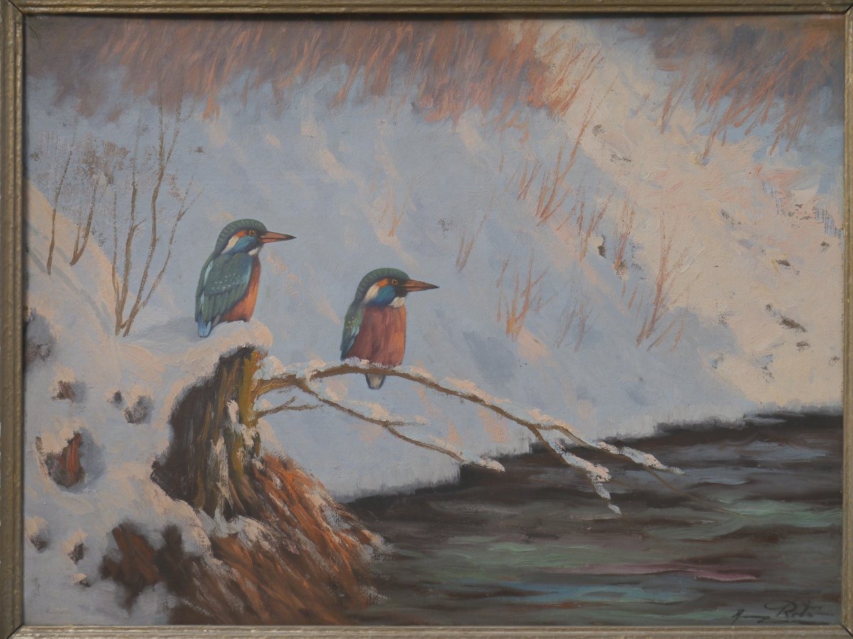Les martin-pécheurs dans la neige. Ecole XXè signée, grand tableau-photo-7