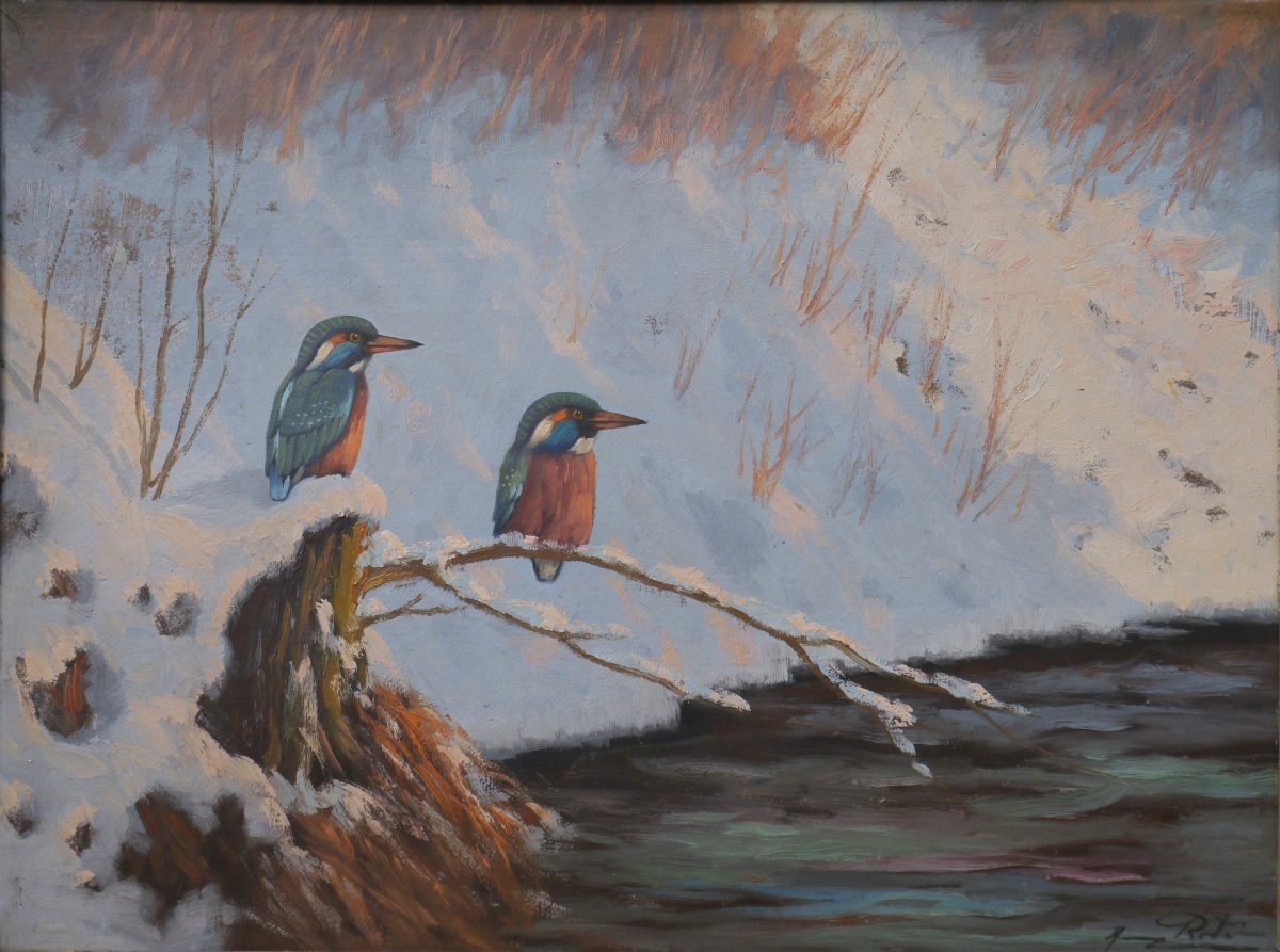 Les martin-pécheurs dans la neige. Ecole XXè signée, grand tableau