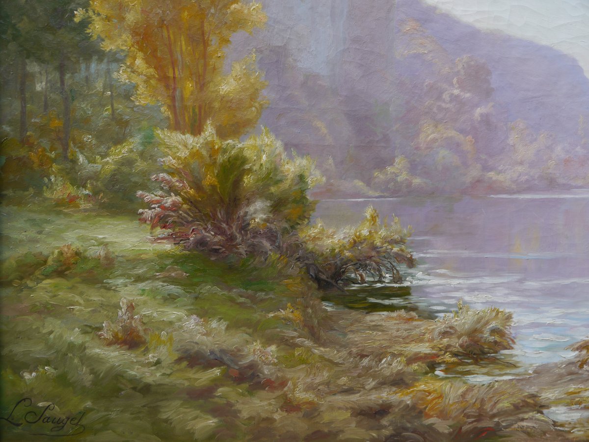 Le Doubs à Thoraise Franche-Comté, par L. Sauget, grand tableau.-photo-4