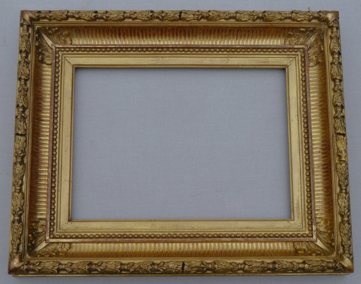 19th-century Gilded Frame With Grooves, View Measuring 26.8 X 19.3 Cm-photo-2