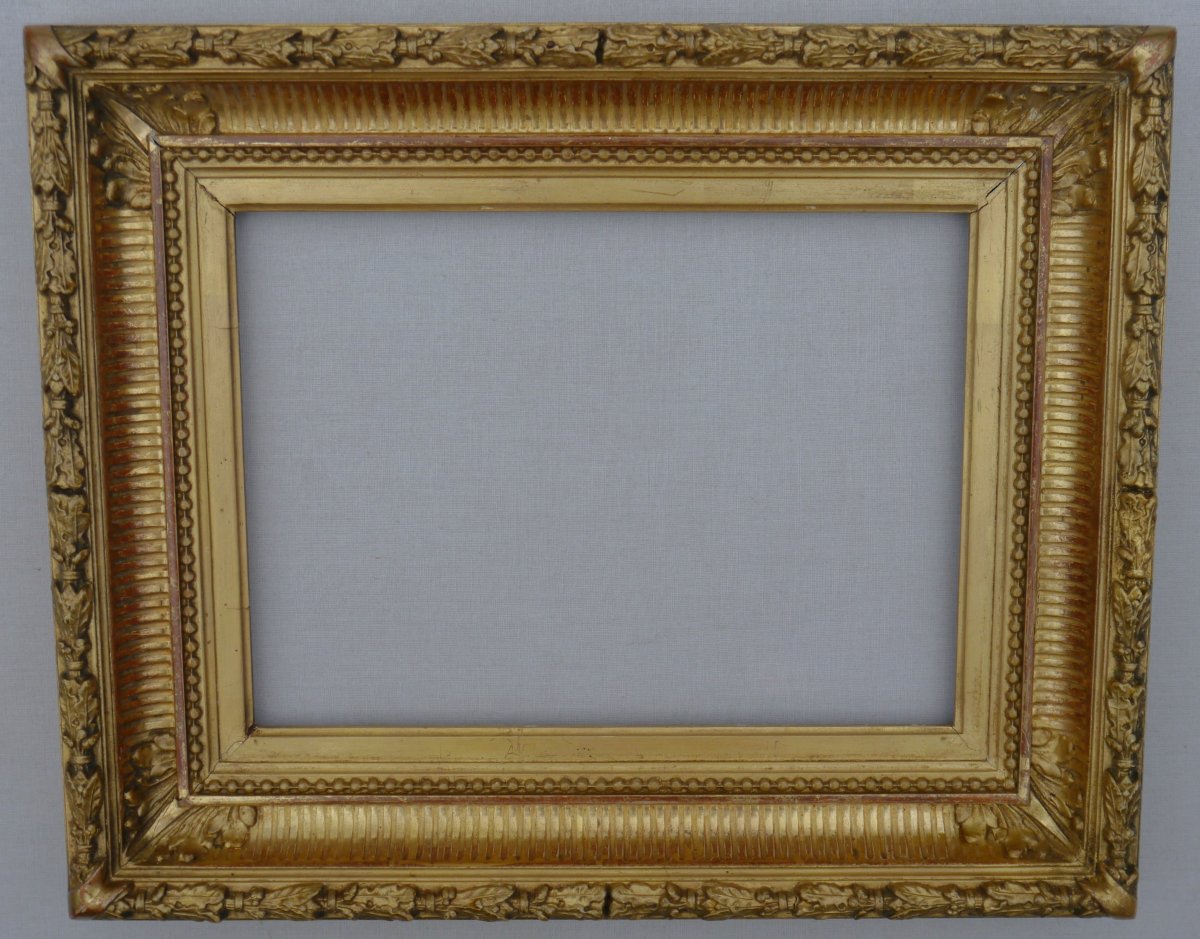 19th-century Gilded Frame With Grooves, View Measuring 26.8 X 19.3 Cm-photo-3