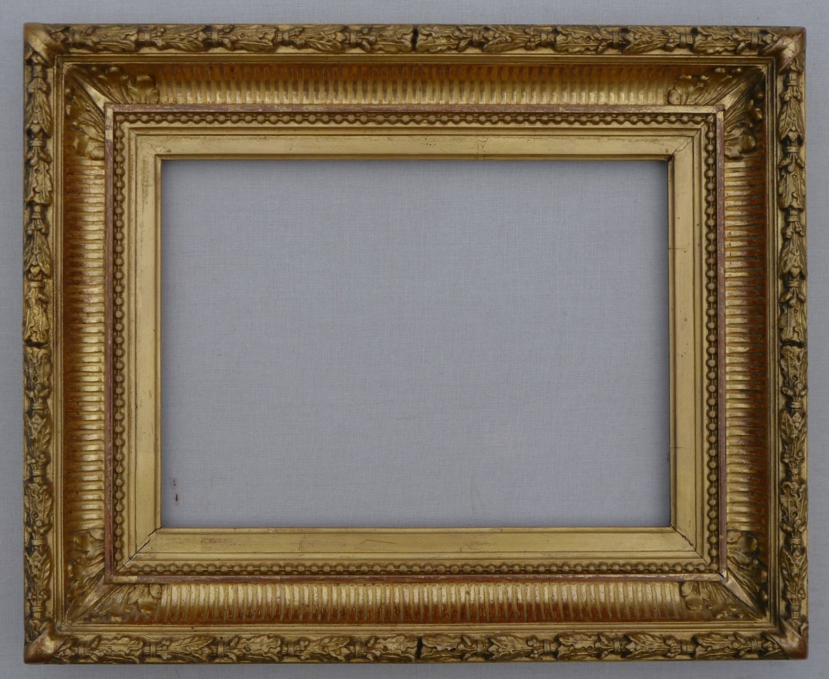 19th-century Gilded Frame With Grooves, View Measuring 26.8 X 19.3 Cm-photo-4