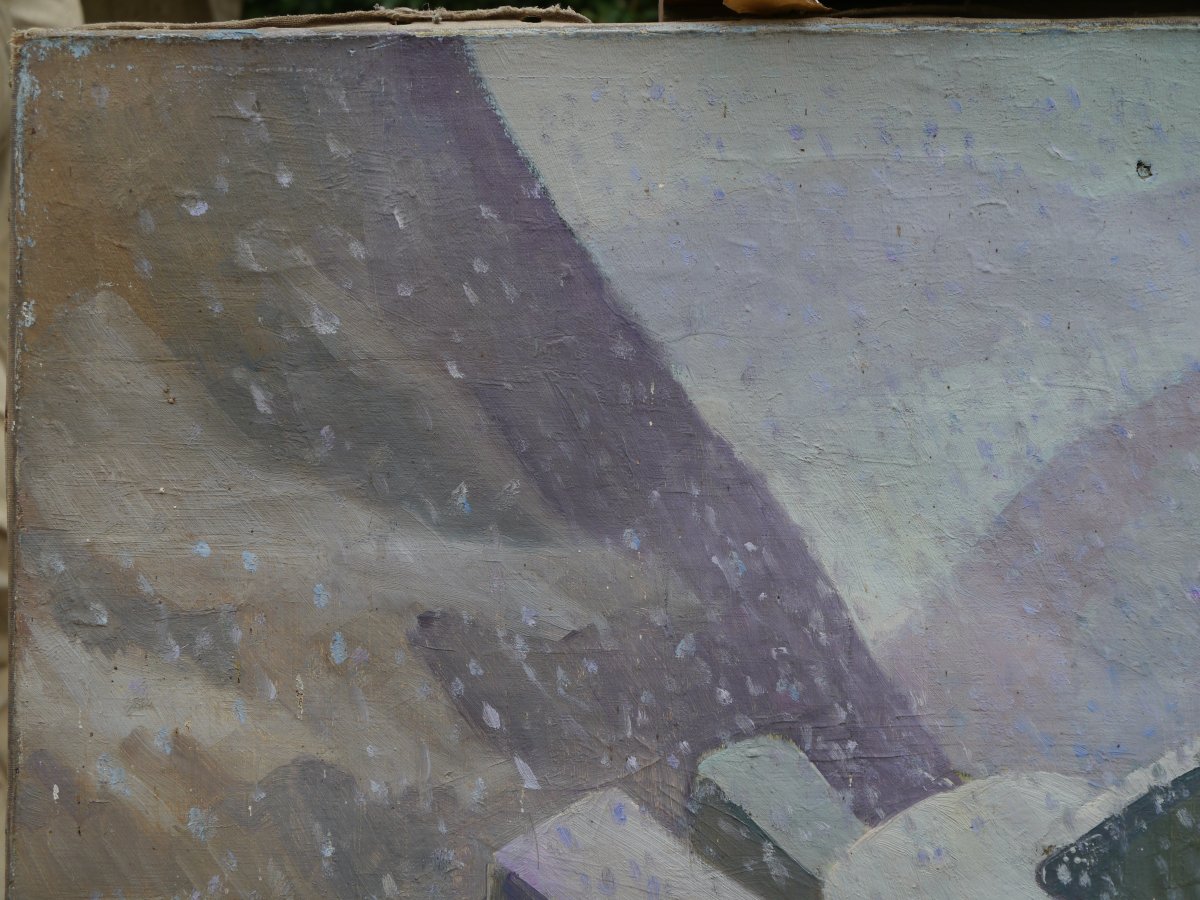 Neige sur le village vers 1930, signé à identifier-photo-2