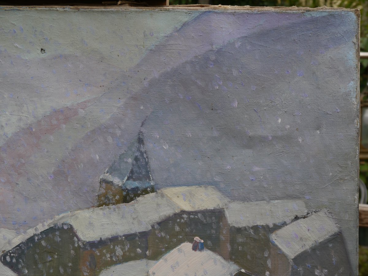 Neige sur le village vers 1930, signé à identifier-photo-3