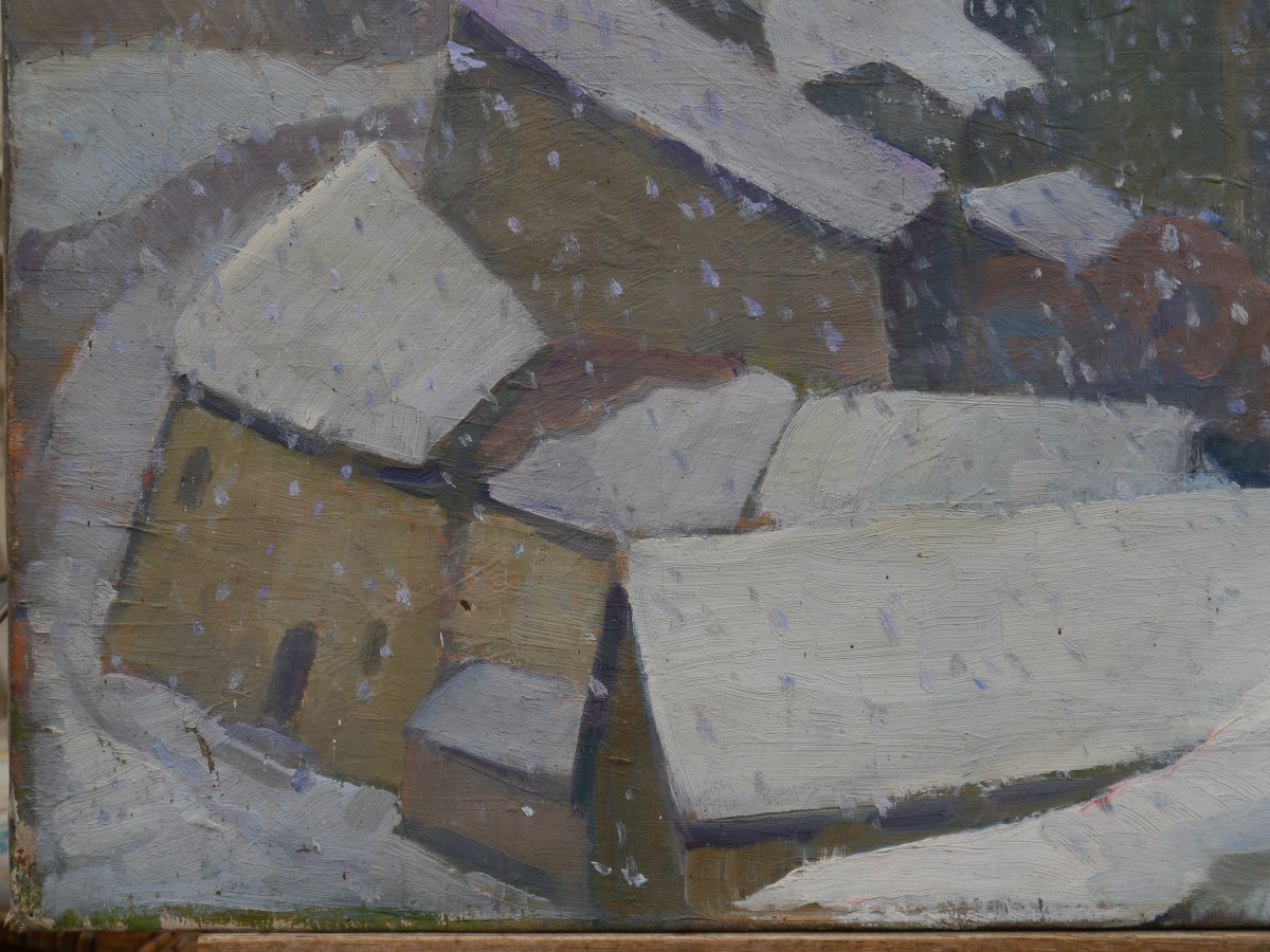 Neige sur le village vers 1930, signé à identifier-photo-1