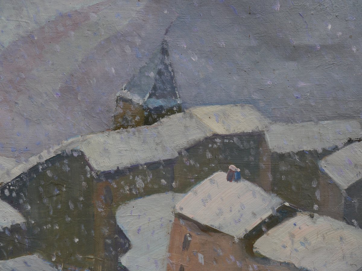 Neige sur le village vers 1930, signé à identifier-photo-3