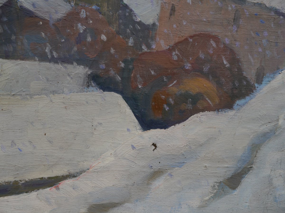 Neige sur le village vers 1930, signé à identifier-photo-4