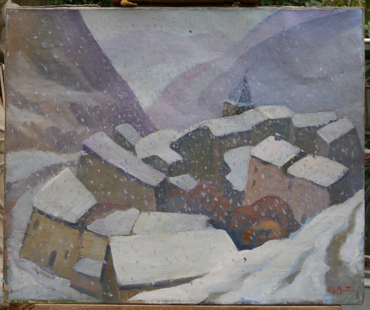 Neige sur le village vers 1930, signé à identifier