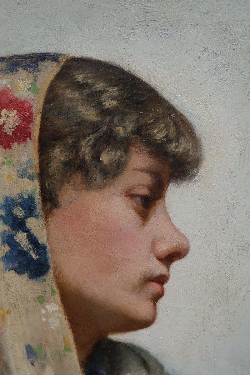 Portrait femme au foulard, vers 1900 monogrammée BM, cadre à canaux doré-photo-3