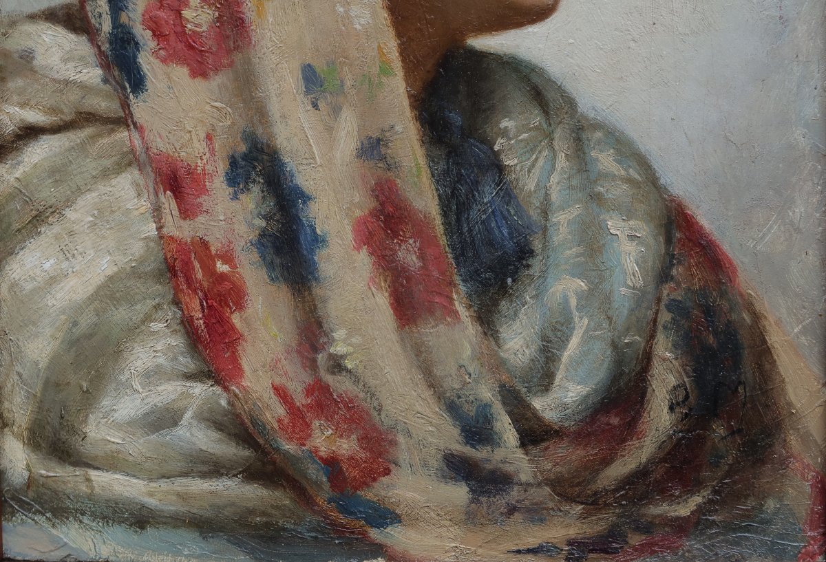 Portrait femme au foulard, vers 1900 monogrammée BM, cadre à canaux doré-photo-3