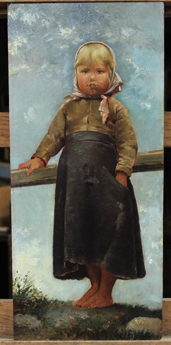 Portrait d'un enfant suédois Ecole fin 19è signée, d'après Hugo Salmson, peintre suédois-photo-2