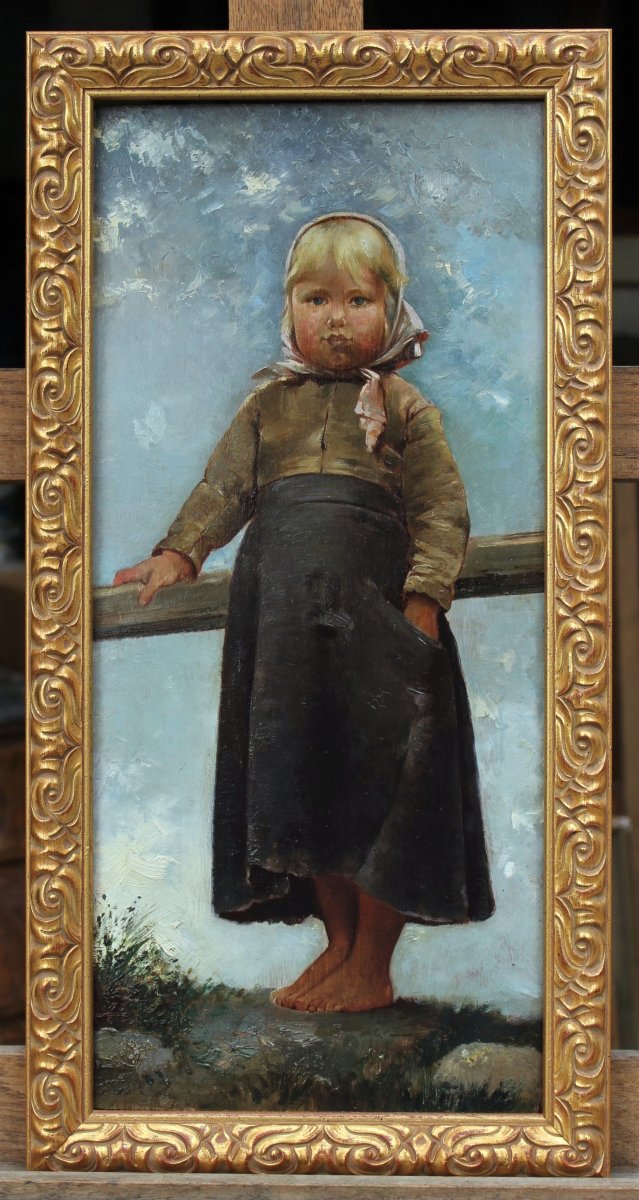 Portrait d'un enfant suédois Ecole fin 19è signée, d'après Hugo Salmson, peintre suédois-photo-3