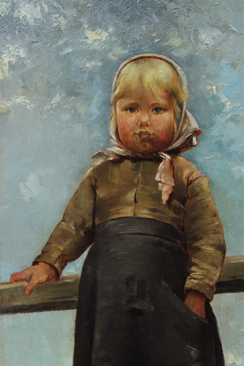 Portrait d'un enfant suédois Ecole fin 19è signée, d'après Hugo Salmson, peintre suédois-photo-4