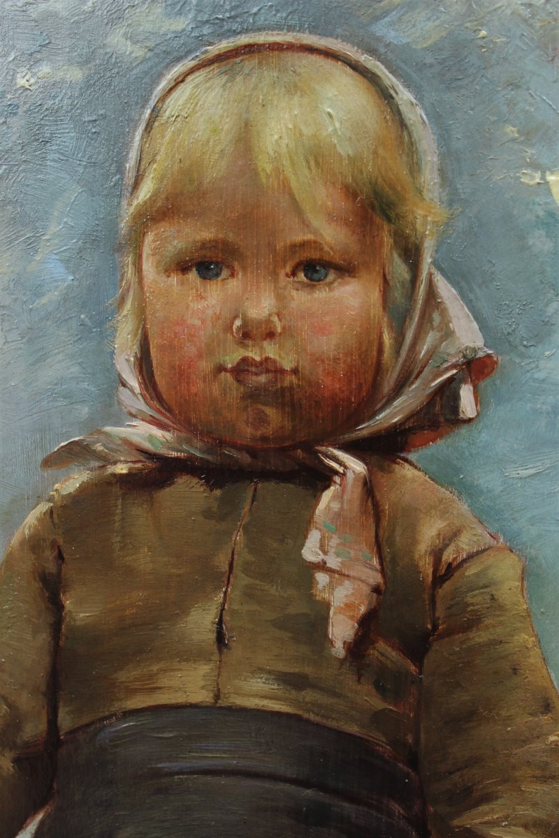 Portrait d'un enfant suédois Ecole fin 19è signée, d'après Hugo Salmson, peintre suédois-photo-1