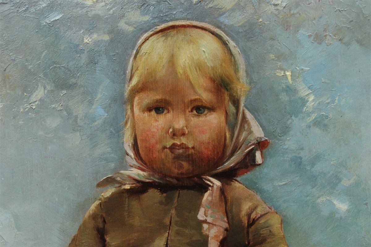 Portrait d'un enfant suédois Ecole fin 19è signée, d'après Hugo Salmson, peintre suédois-photo-2