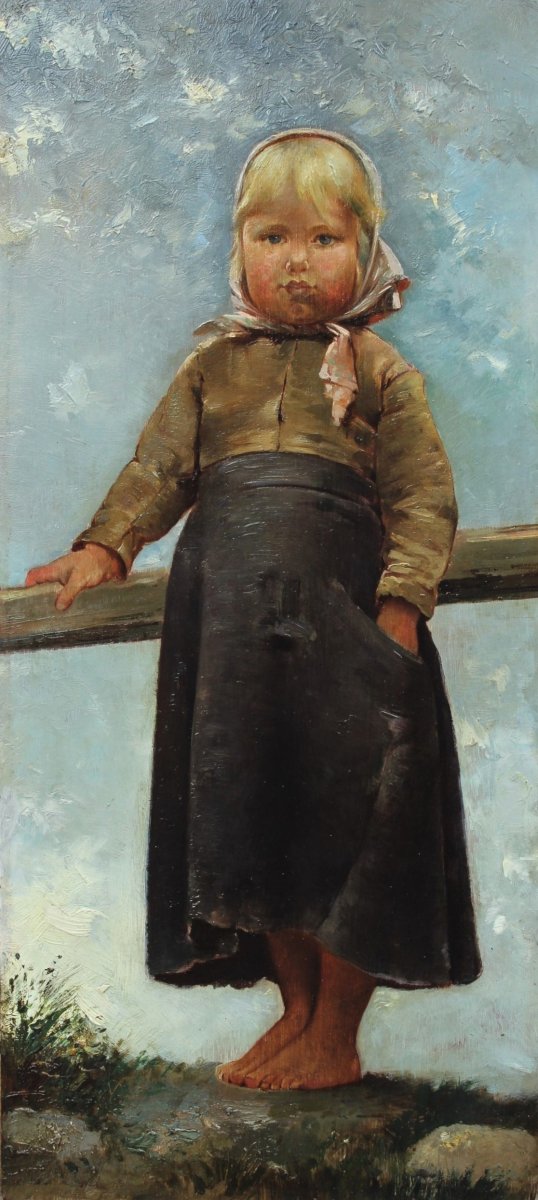 Portrait d'un enfant suédois Ecole fin 19è signée, d'après Hugo Salmson, peintre suédois