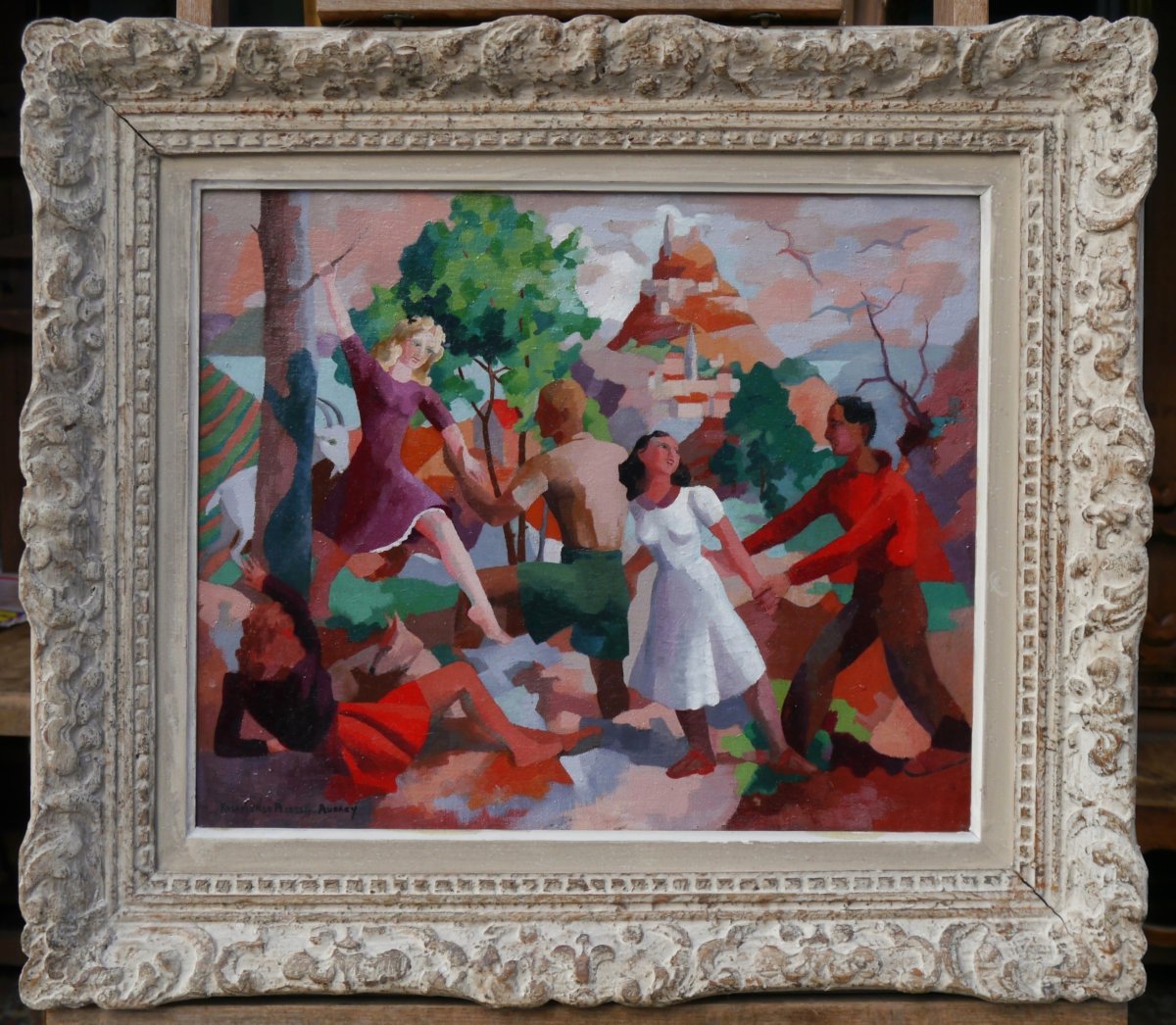 Rosamonde AUBREY-PLISSON (XXe siècle). Scène animée cubisante de personnages dans un paysage-photo-2
