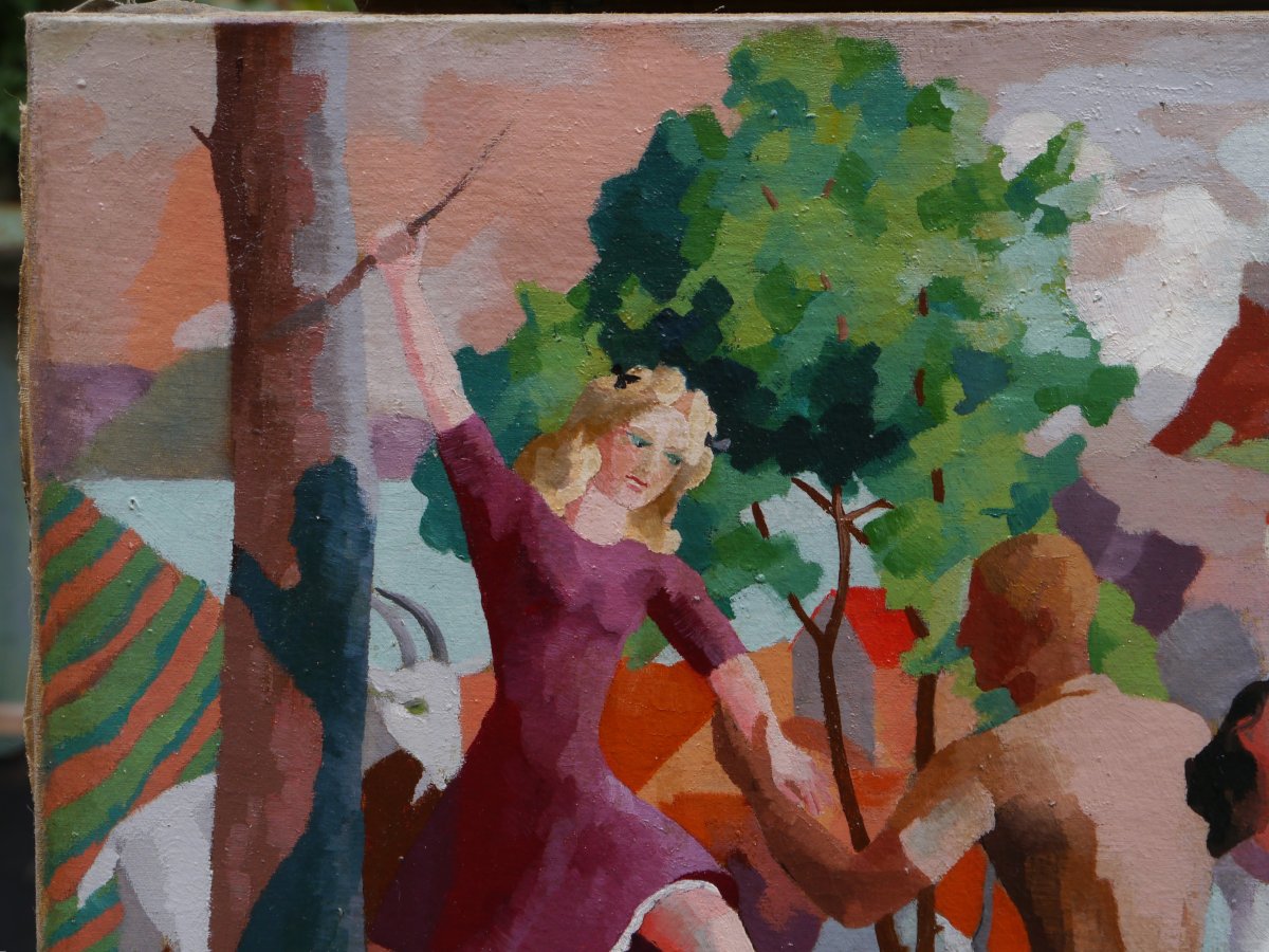 Rosamonde AUBREY-PLISSON (XXe siècle). Scène animée cubisante de personnages dans un paysage-photo-3