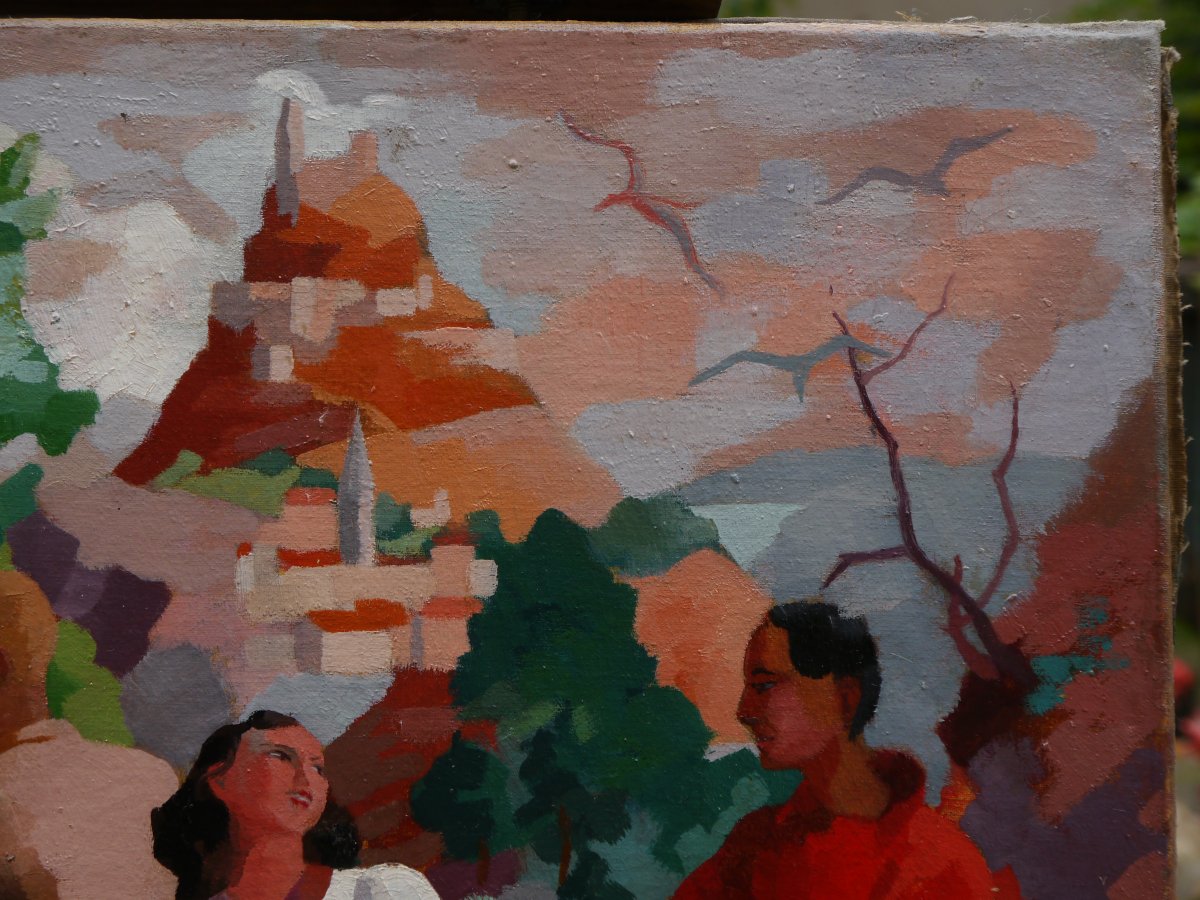 Rosamonde AUBREY-PLISSON (XXe). Scène animée vers 1940, personnages dans un paysage cubisant-photo-4