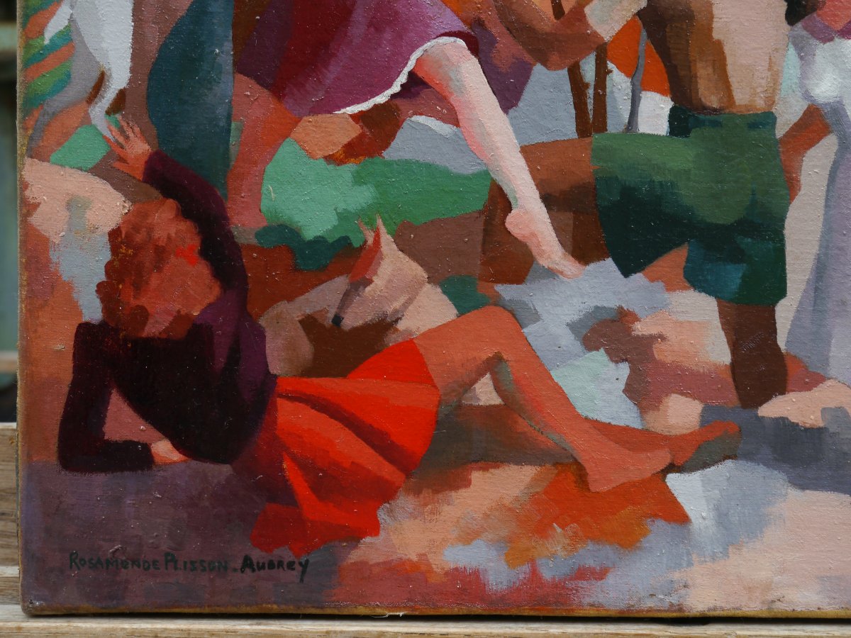 Rosamonde AUBREY-PLISSON (XXe siècle). Scène animée cubisante de personnages dans un paysage-photo-2