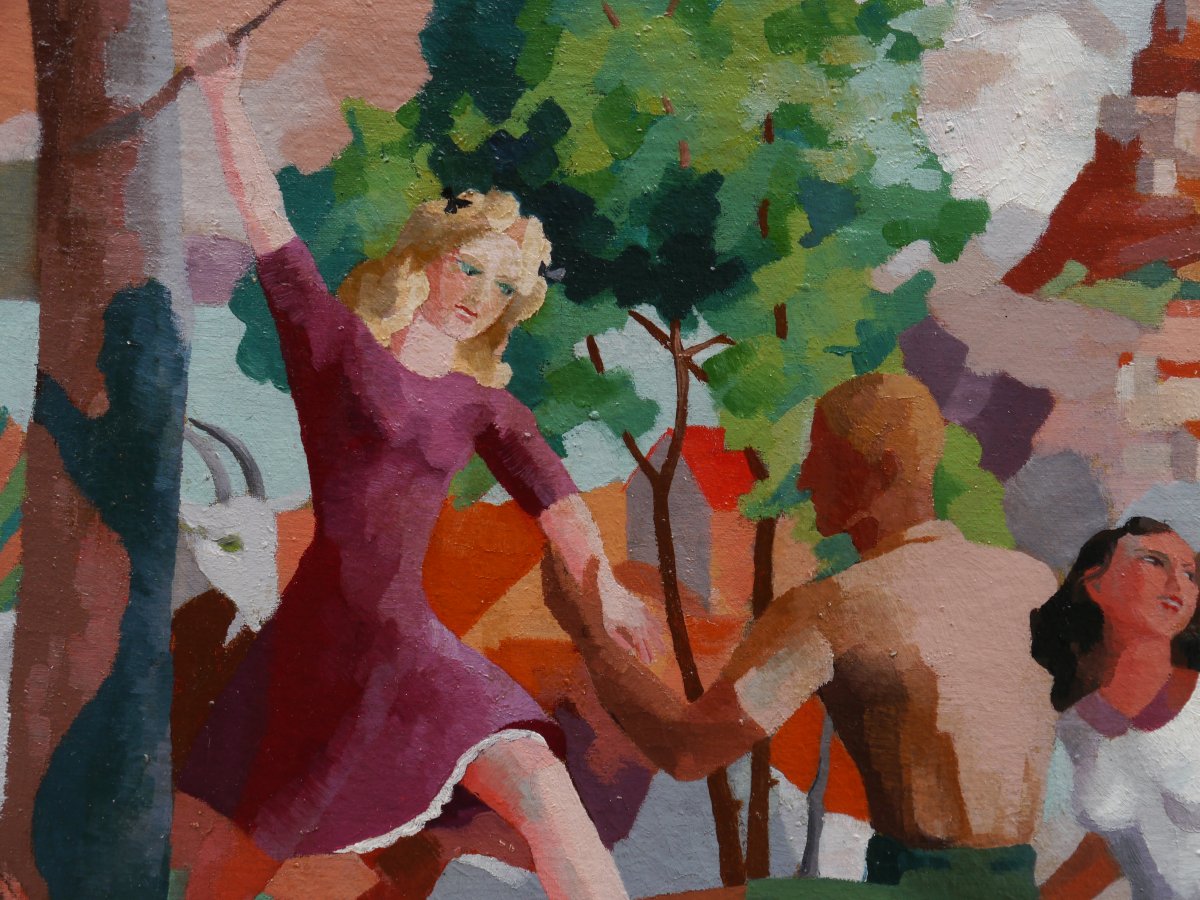 Rosamonde AUBREY-PLISSON (XXe siècle). Scène animée cubisante de personnages dans un paysage-photo-3