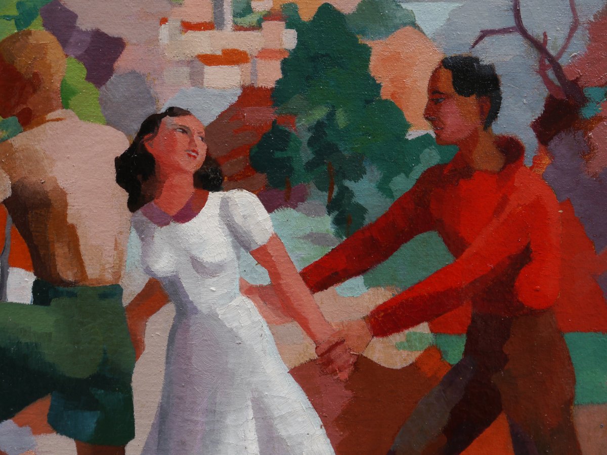 Rosamonde AUBREY-PLISSON (XXe siècle). Scène animée cubisante de personnages dans un paysage-photo-4