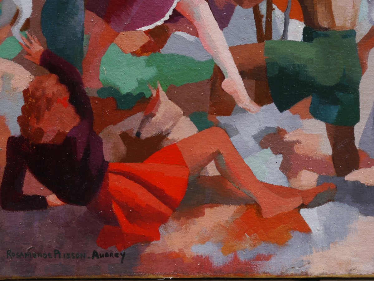 Rosamonde AUBREY-PLISSON (XXe siècle). Scène animée cubisante de personnages dans un paysage-photo-5