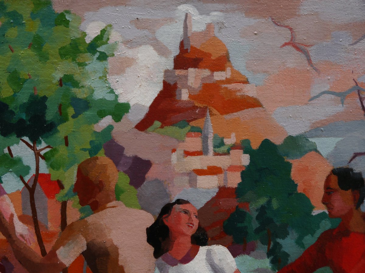 Rosamonde AUBREY-PLISSON (XXe siècle). Scène animée cubisante de personnages dans un paysage-photo-6
