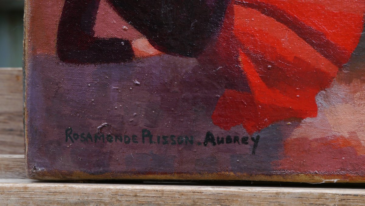 Rosamonde AUBREY-PLISSON (XXe siècle). Scène animée cubisante de personnages dans un paysage-photo-7
