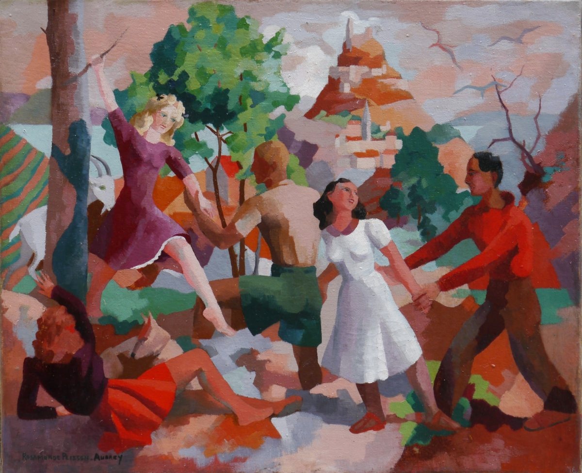 Rosamonde AUBREY-PLISSON (XXe siècle). Scène animée cubisante de personnages dans un paysage