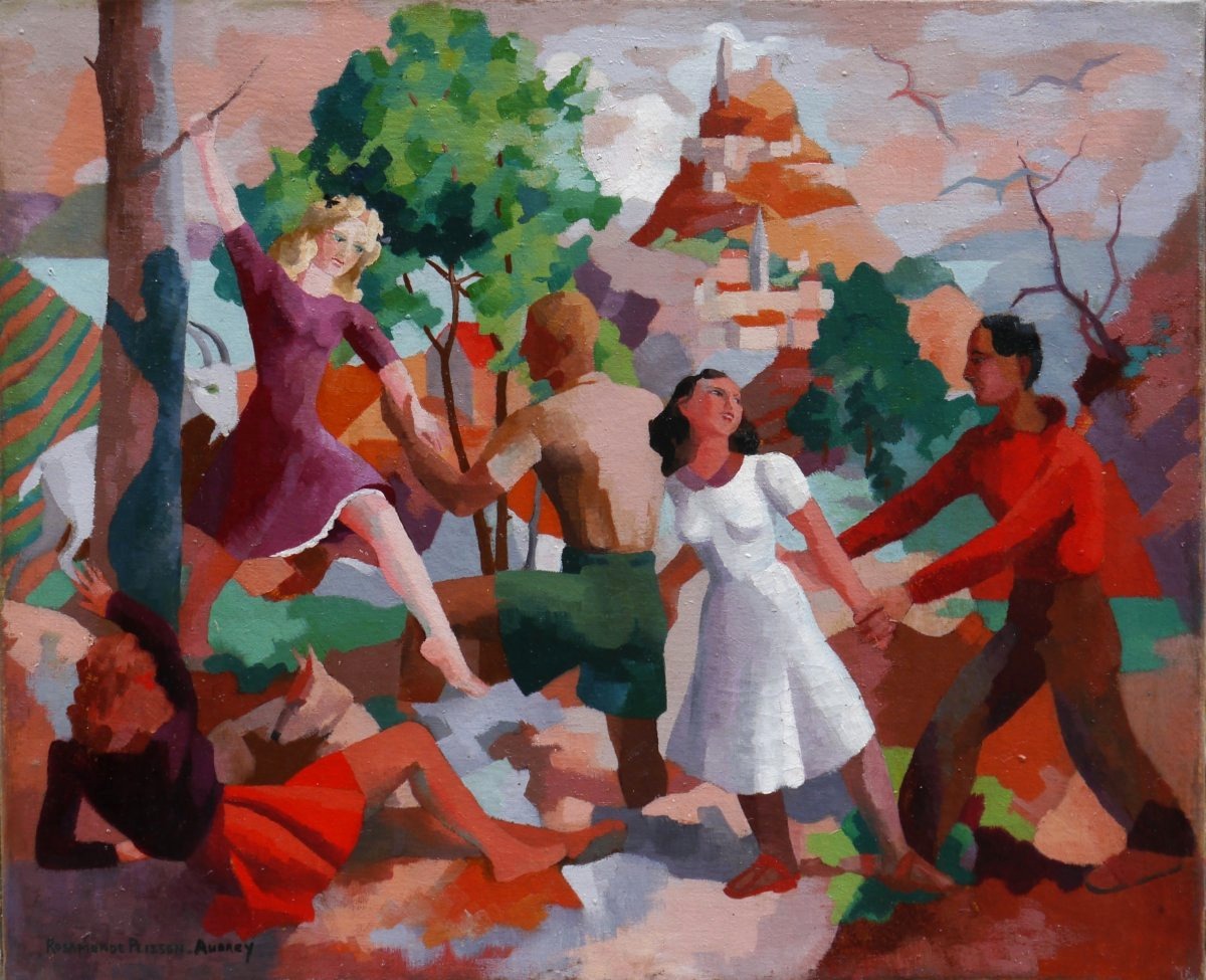 Rosamonde AUBREY-PLISSON (XXe). Scène animée vers 1940, personnages dans un paysage cubisant