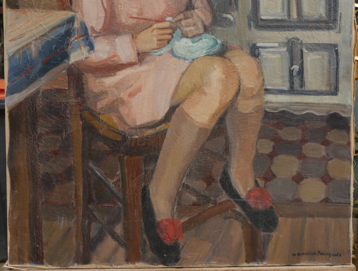 Jeune fille au tricot dans une cuisine, Ecole vers 1930/40-photo-4