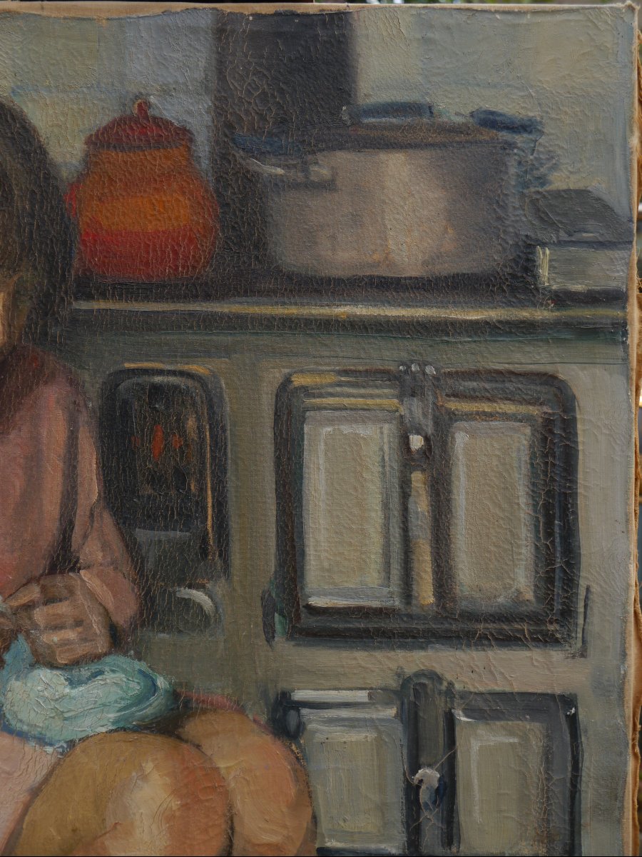 Jeune fille au tricot dans une cuisine, Ecole vers 1930/40-photo-4