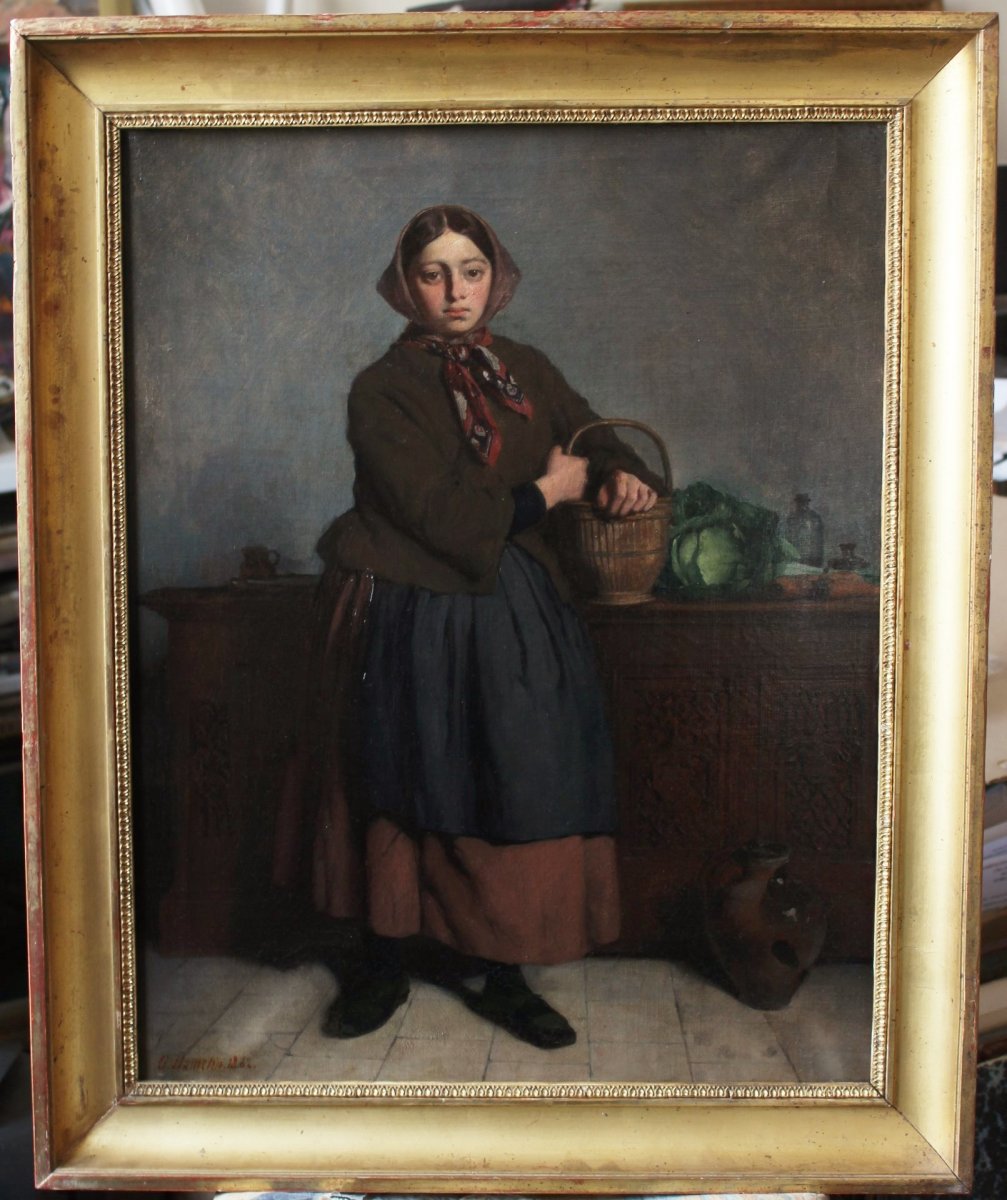  Jacques Gustave HAMELIN (1809-1895), Jeune paysanne au panier de légumes,-photo-2