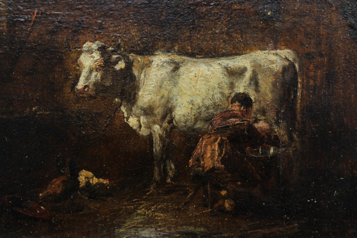 Vache à l'étable, la traite. Théodore Lévigne (1848-1912), Barbizon-photo-3