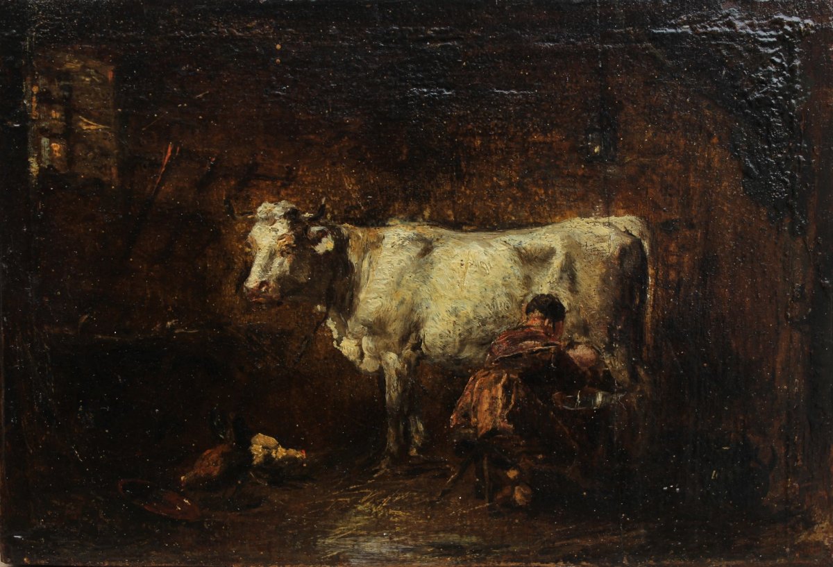 Cow In The Stable, Milking. Théodore Lévigne (1848-1912), Barbizon