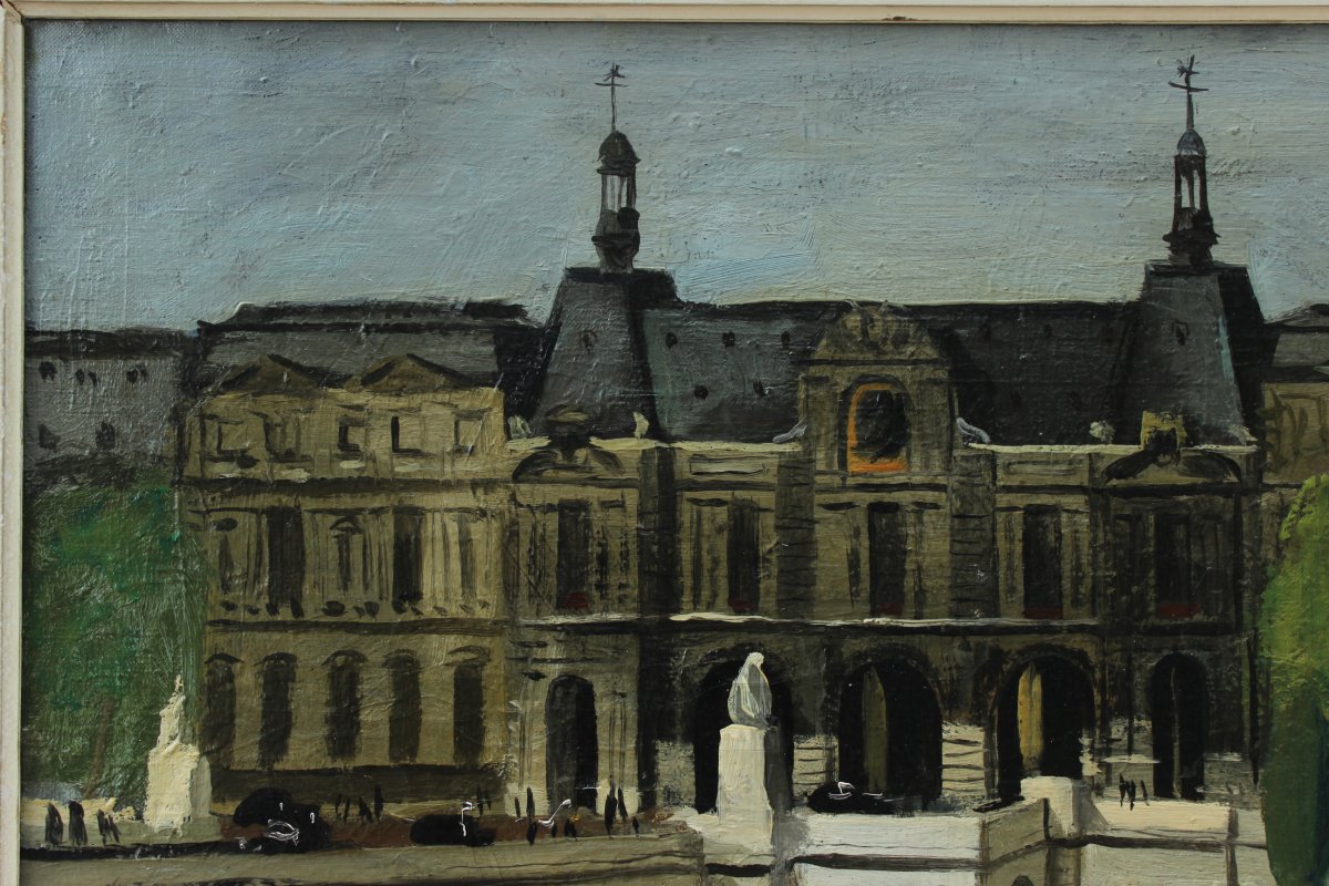 Pierre Lafages (1925-?). Le Louvre Au Pont Du Carrousel, Paris 1947-photo-3