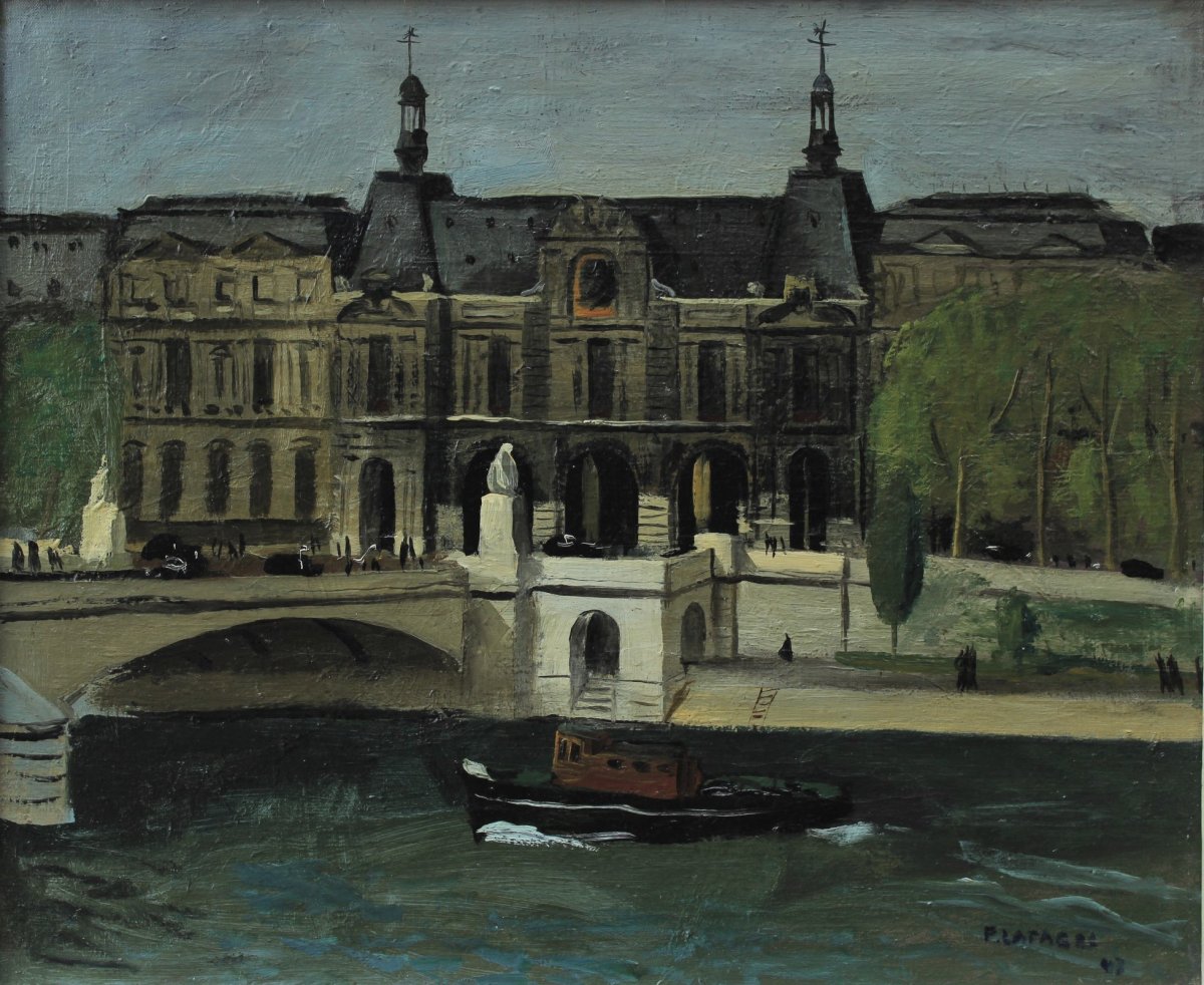 Pierre LAFAGES (1925-?). Le Louvre au pont du Carrousel, Paris 1947-photo-2
