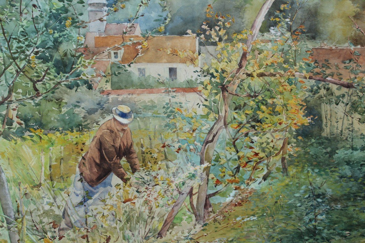 In The Garden - Large Watercolor By Francis Garat, XIXth-photo-1