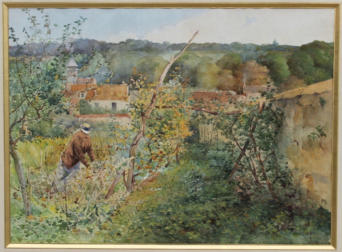 In The Garden - Large Watercolor By Francis Garat, XIXth
