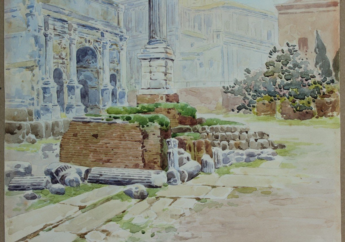 Colonne de Phocas, Rome - Aquarelle déb. XXè signée-photo-2