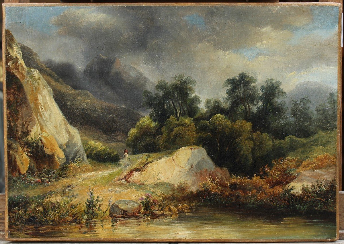 Paysage avec rivière et montagne - attribué à André GIROUX (1801-1879).