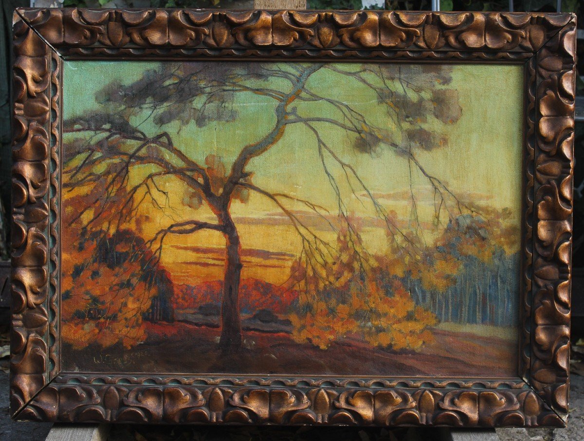 Art Nouveau Style Twilight Landscape, Tree - German School W. Gress 1920-photo-2