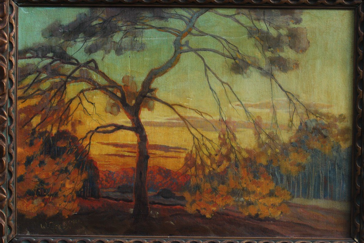 Paysage crépusculaire style art nouveau, arbre - Ecole Allemande W. Gress 1920-photo-3